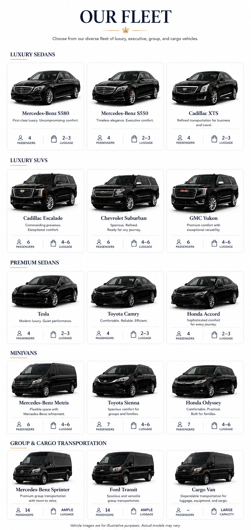 Air Sea Land executive fleet — luxury sedans, luxury SUVs, premium sedans, minivans, and group & cargo vehicles with passenger and luggage capacities