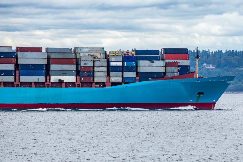 blue container ship